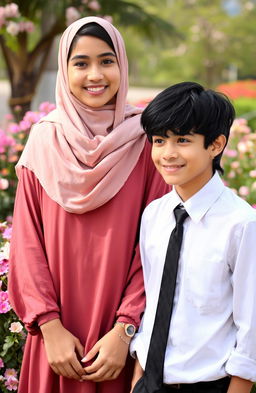 A teenage girl wearing a beautifully styled hijab and an elegant abaya, standing confidently