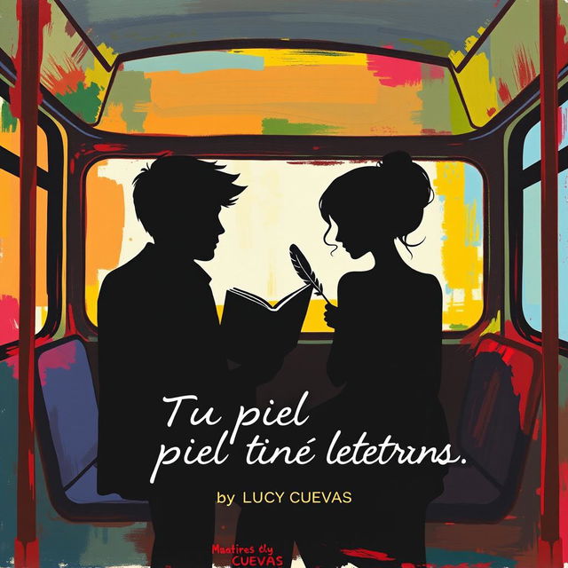 A colorful silhouette painting in a minimalistic style featuring a couple on a bus