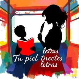 A colorful silhouette painting in a minimalistic style featuring a couple on a bus