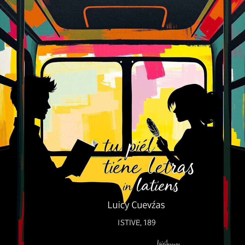 A colorful silhouette painting in a minimalistic style featuring a couple on a bus