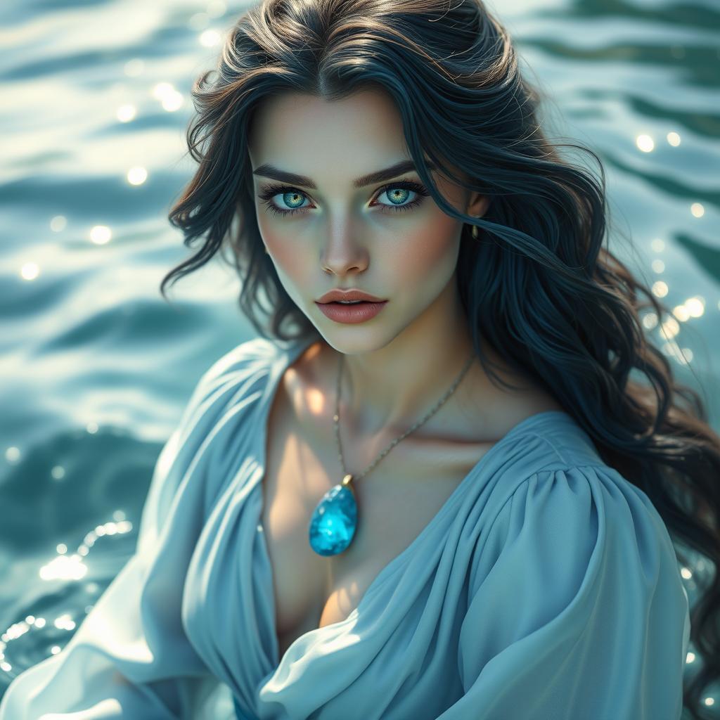 A beautiful 21-year-old female water elemental sorceress, with long, wavy dark blue hair cascading around her shoulders, and bright green eyes sparkling with magic