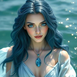 A beautiful 21-year-old female water elemental sorceress, with long, wavy dark blue hair cascading around her shoulders, and bright green eyes sparkling with magic