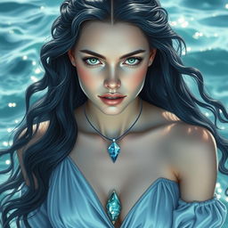 A beautiful 21-year-old female water elemental sorceress, with long, wavy dark blue hair cascading around her shoulders, and bright green eyes sparkling with magic