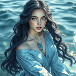 A beautiful 21-year-old female water elemental sorceress, with long, wavy dark blue hair cascading around her shoulders, and bright green eyes sparkling with magic