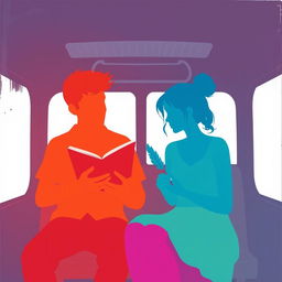 A colorful silhouette painting in a minimalistic style featuring an adult couple on a bus