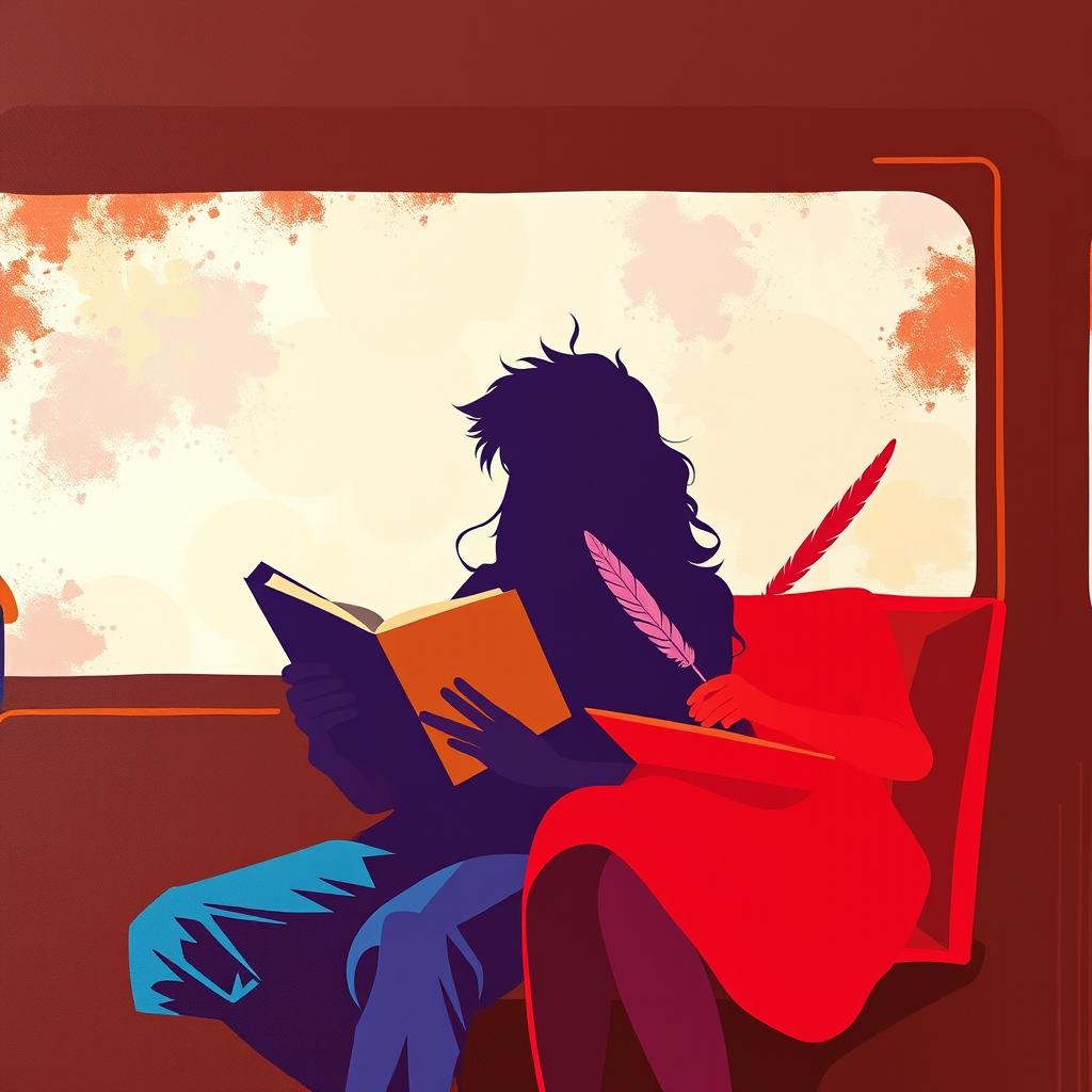 A colorful silhouette painting in a minimalistic style featuring an adult couple on a bus