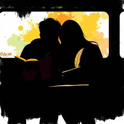 A colorful silhouette painting in a minimalistic style featuring an adult couple on a bus