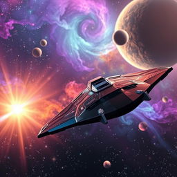 A breathtaking space exploration scene featuring a futuristic spacecraft soaring through vibrant star fields and distant galaxies