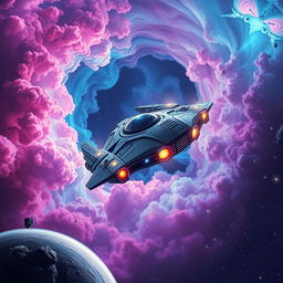 A captivating space exploration scene featuring a futuristic spaceship soaring through vibrant nebulae