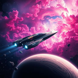 A captivating space exploration scene featuring a futuristic spaceship soaring through vibrant nebulae