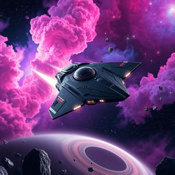 A captivating space exploration scene featuring a futuristic spaceship soaring through vibrant nebulae