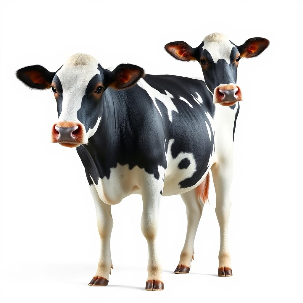 A realistic female cow standing gracefully in a pure white background