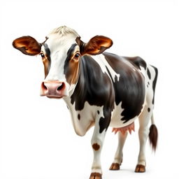 A realistic female cow standing gracefully in a pure white background