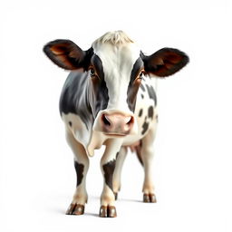 A realistic female cow standing gracefully in a pure white background