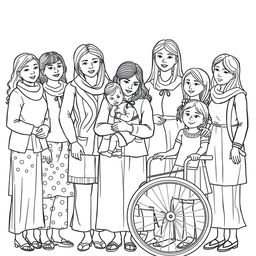 A detailed line drawing for a coloring book featuring a diverse group of women and girls of various ages and abilities, standing next to each other