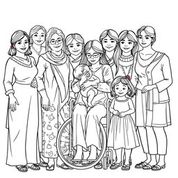 A detailed line drawing for a coloring book featuring a diverse group of women and girls of various ages and abilities, standing next to each other