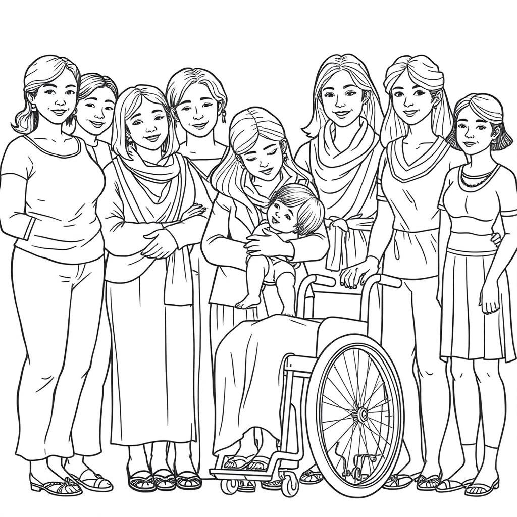 A detailed line drawing for a coloring book featuring a diverse group of women and girls of various ages and abilities, standing next to each other