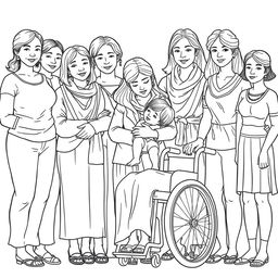 A detailed line drawing for a coloring book featuring a diverse group of women and girls of various ages and abilities, standing next to each other