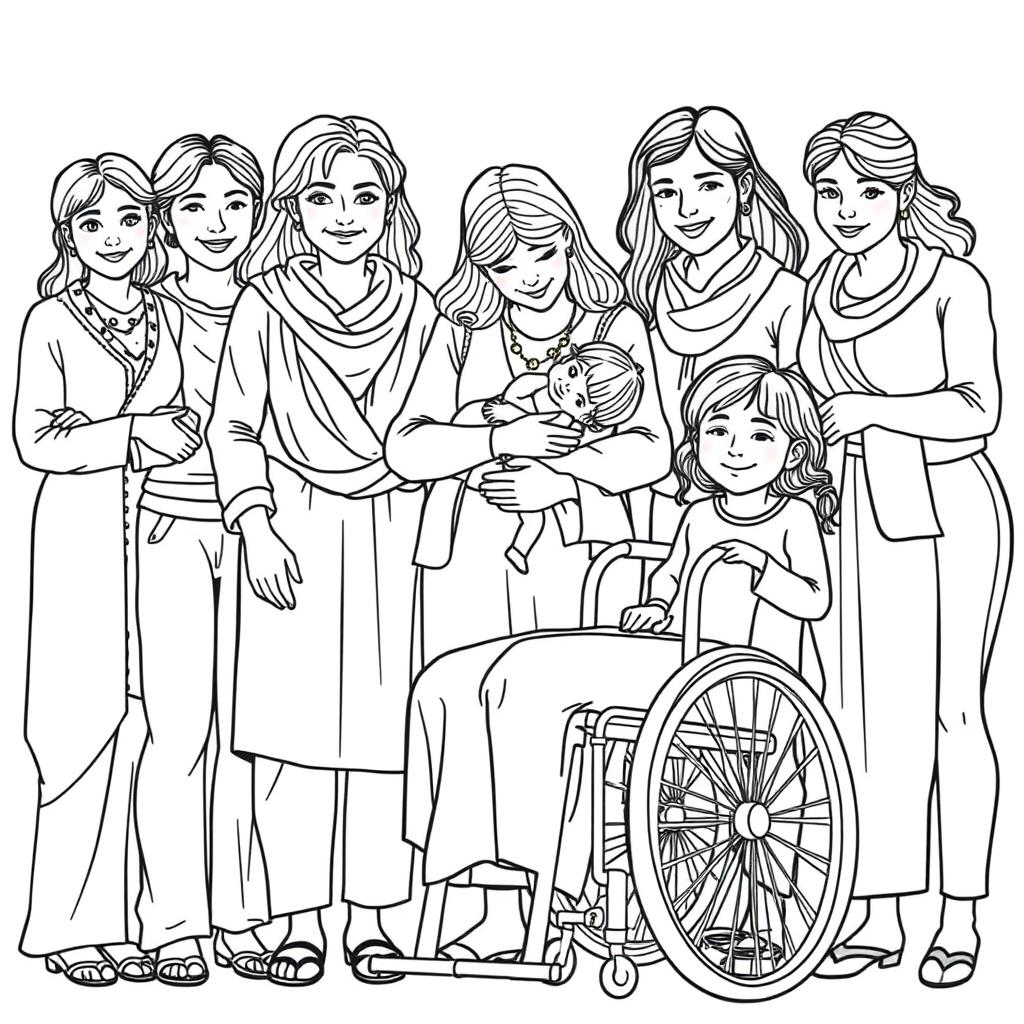 A detailed line drawing for a coloring book featuring a diverse group of women and girls of various ages and abilities, standing next to each other