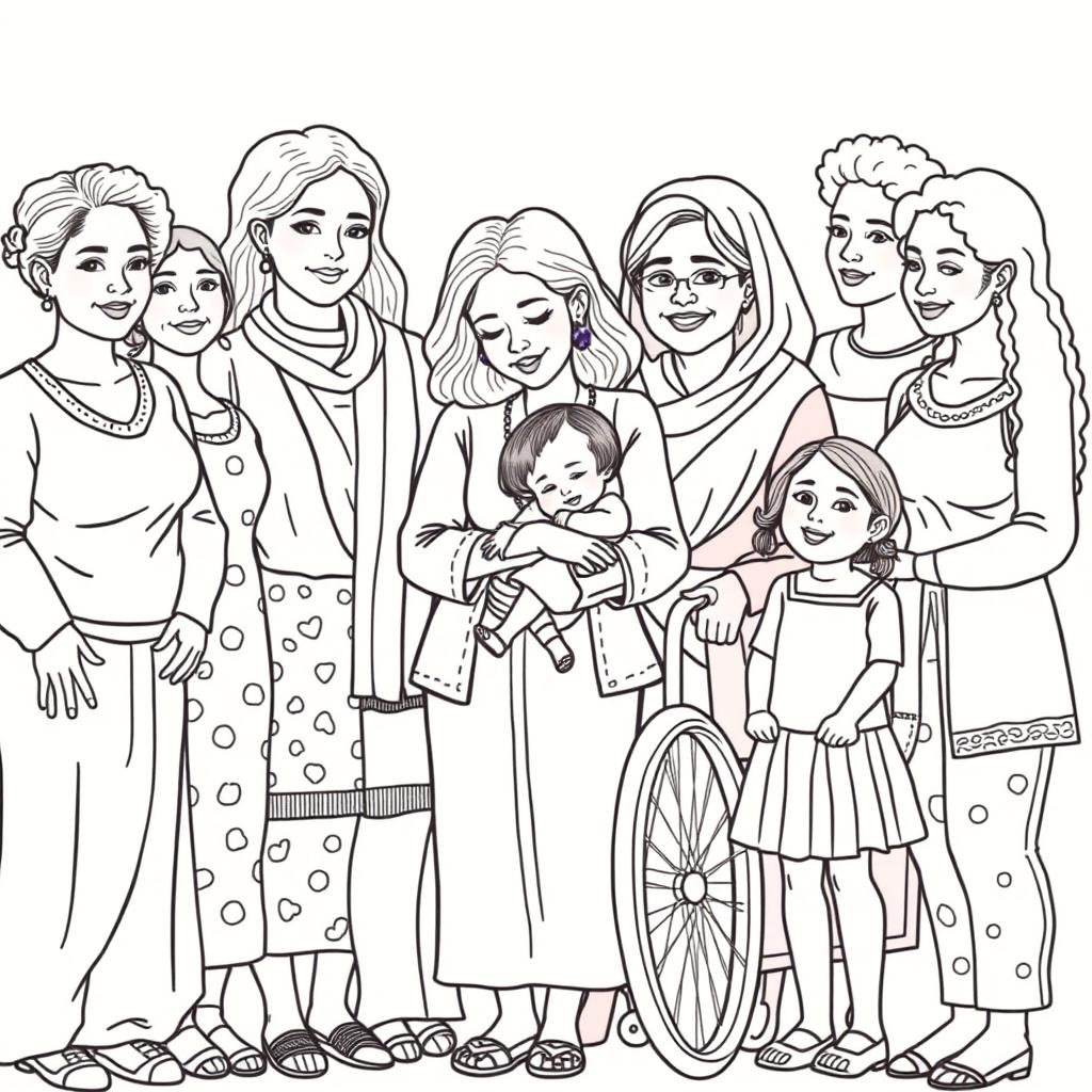 A detailed line drawing for a coloring book featuring a diverse group of women and girls of various ages, ethnicities and abilities, standing next to each other