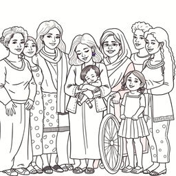 A detailed line drawing for a coloring book featuring a diverse group of women and girls of various ages, ethnicities and abilities, standing next to each other