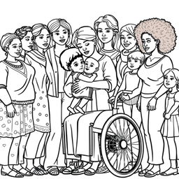 A detailed line drawing for a coloring book featuring a diverse group of women and girls of various ages, ethnicities and abilities, standing next to each other