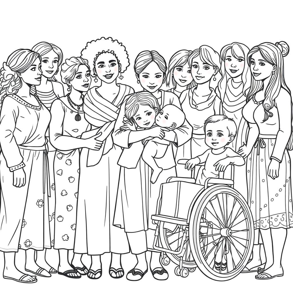 A detailed line drawing for a coloring book featuring a diverse group of women and girls of various ages, ethnicities and abilities, standing next to each other