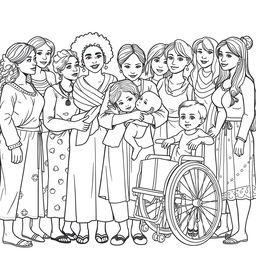 A detailed line drawing for a coloring book featuring a diverse group of women and girls of various ages, ethnicities and abilities, standing next to each other