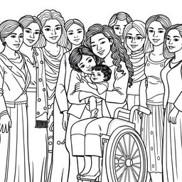 A detailed line drawing for a coloring book featuring a diverse group of women and girls of various ages, ethnicities and abilities, standing next to each other