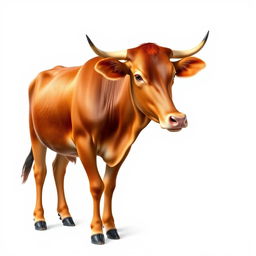 A realistic and detailed image of a brown female African cow standing gracefully against a pure white background