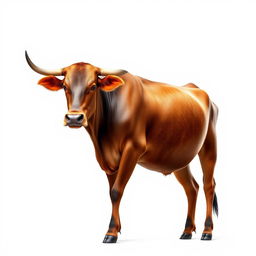 A realistic and detailed image of a brown female African cow standing gracefully against a pure white background