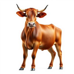 A realistic and detailed image of a brown female African cow standing gracefully against a pure white background