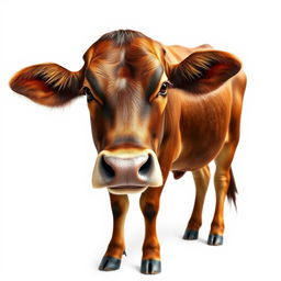 A realistic and detailed image of a brown female African cow standing gracefully against a pure white background