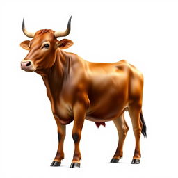 A realistic depiction of a brown female African cow standing gracefully against a pure white background