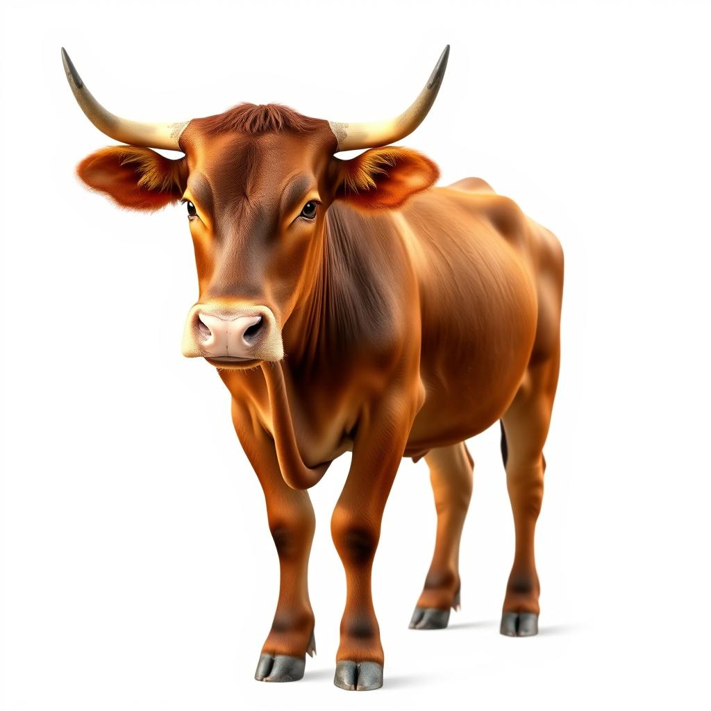 A realistic depiction of a brown female African cow standing gracefully against a pure white background