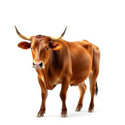 A realistic depiction of a brown female African cow standing gracefully against a pure white background