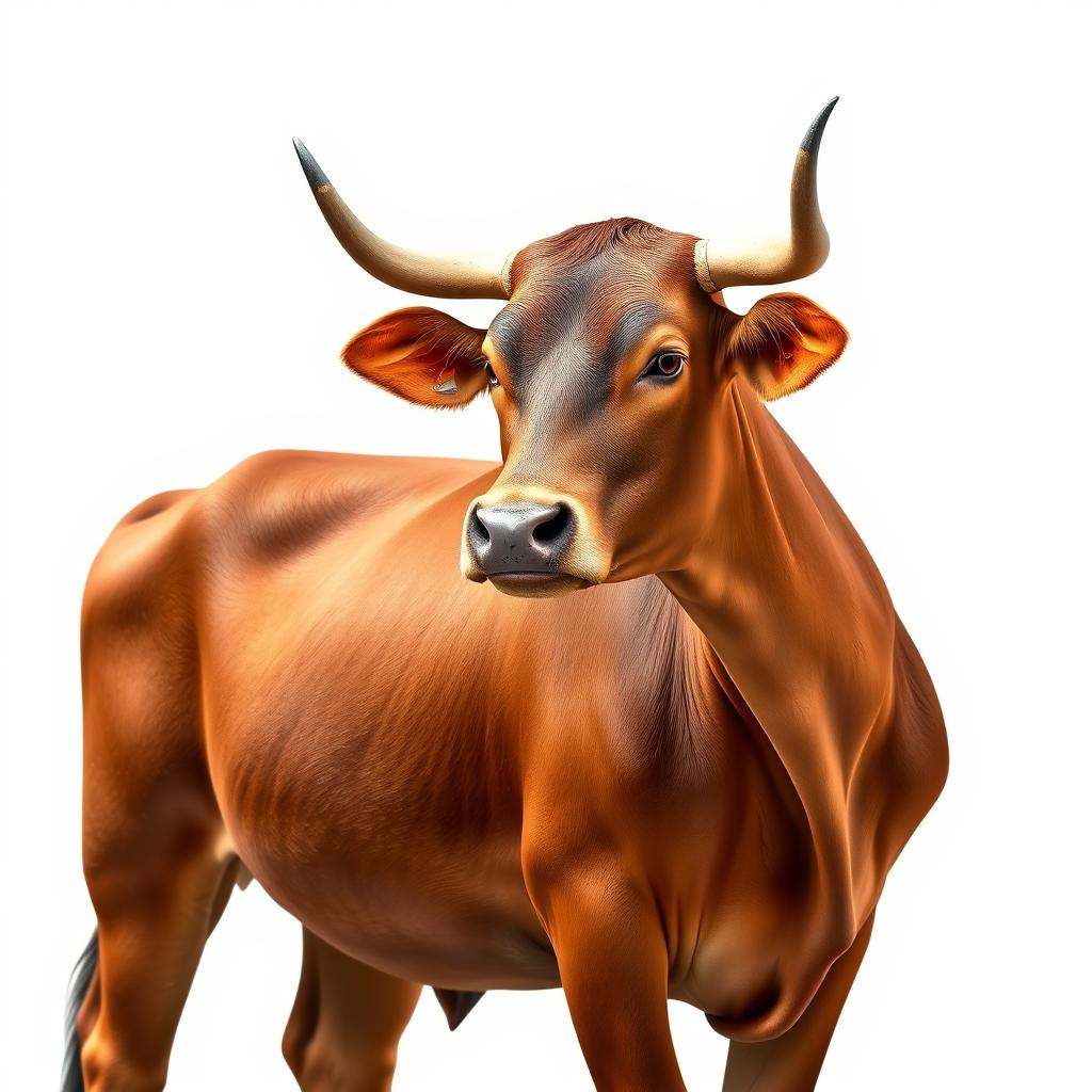 A realistic depiction of a brown female African cow standing gracefully against a pure white background