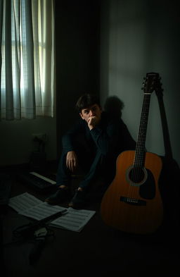 A contemplative scene showcasing a person sitting alone in a dimly lit room, surrounded by scattered musical instruments like a guitar and a keyboard, looking introspective and somber