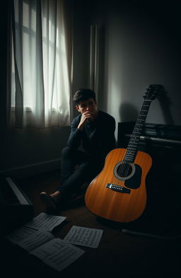 A contemplative scene showcasing a person sitting alone in a dimly lit room, surrounded by scattered musical instruments like a guitar and a keyboard, looking introspective and somber