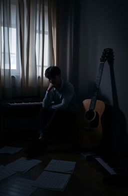 A contemplative scene showcasing a person sitting alone in a dimly lit room, surrounded by scattered musical instruments like a guitar and a keyboard, looking introspective and somber