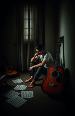 A contemplative scene showcasing a person sitting alone in a dimly lit room, surrounded by scattered musical instruments like a guitar and a keyboard, looking introspective and somber