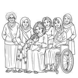 A highly detailed line drawing for a coloring book featuring a realistic portrayal of women and girls of various ethnicities including Black, White, Brown, and Asian