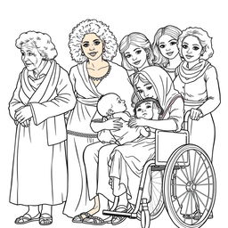 A highly detailed line drawing for a coloring book featuring a realistic portrayal of women and girls of various ethnicities including Black, White, Brown, and Asian