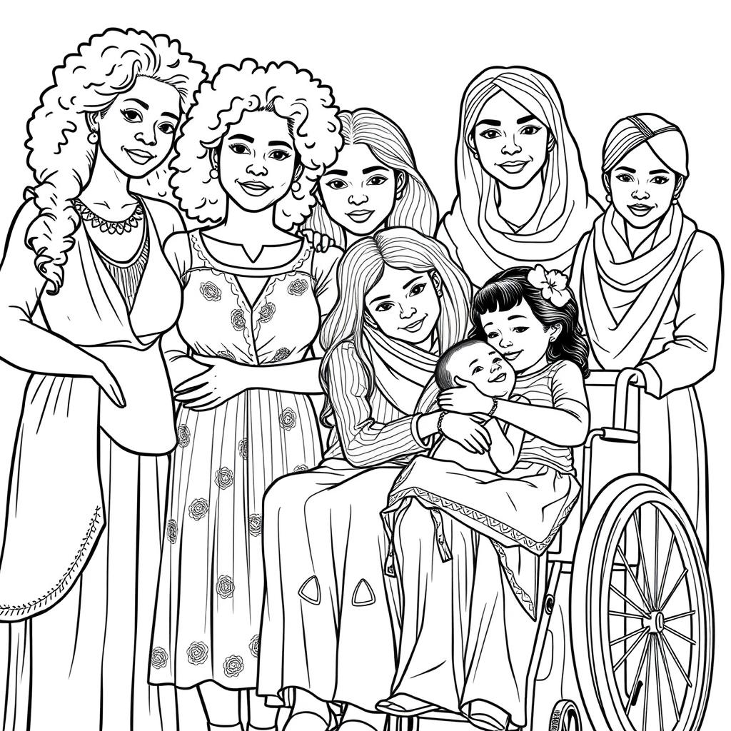 A highly detailed line drawing for a coloring book featuring a realistic portrayal of women and girls of various ethnicities including Black, White, Brown, and Asian