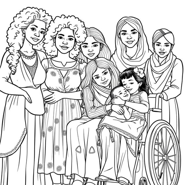 A highly detailed line drawing for a coloring book featuring a realistic portrayal of women and girls of various ethnicities including Black, White, Brown, and Asian