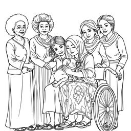 A highly detailed line drawing for a coloring book featuring a realistic portrayal of women and girls of various ethnicities including Black, White, Brown, and Asian