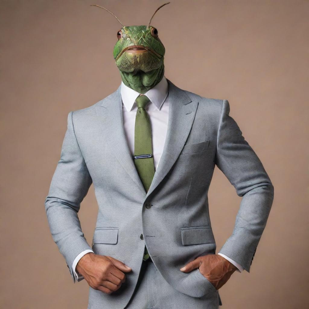 A muscular cricket wearing a stylish suit