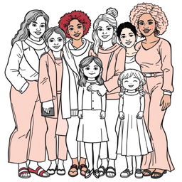 A realistic line drawing for a coloring book featuring a diverse group of women and girls of various ethnicities including Black, White, Brown, and Asian