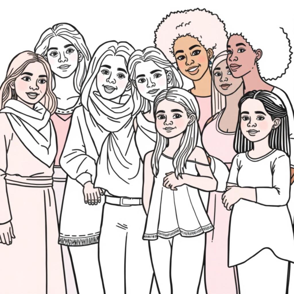 A realistic line drawing for a coloring book featuring a diverse group of women and girls of various ethnicities including Black, White, Brown, and Asian