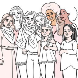 A realistic line drawing for a coloring book featuring a diverse group of women and girls of various ethnicities including Black, White, Brown, and Asian